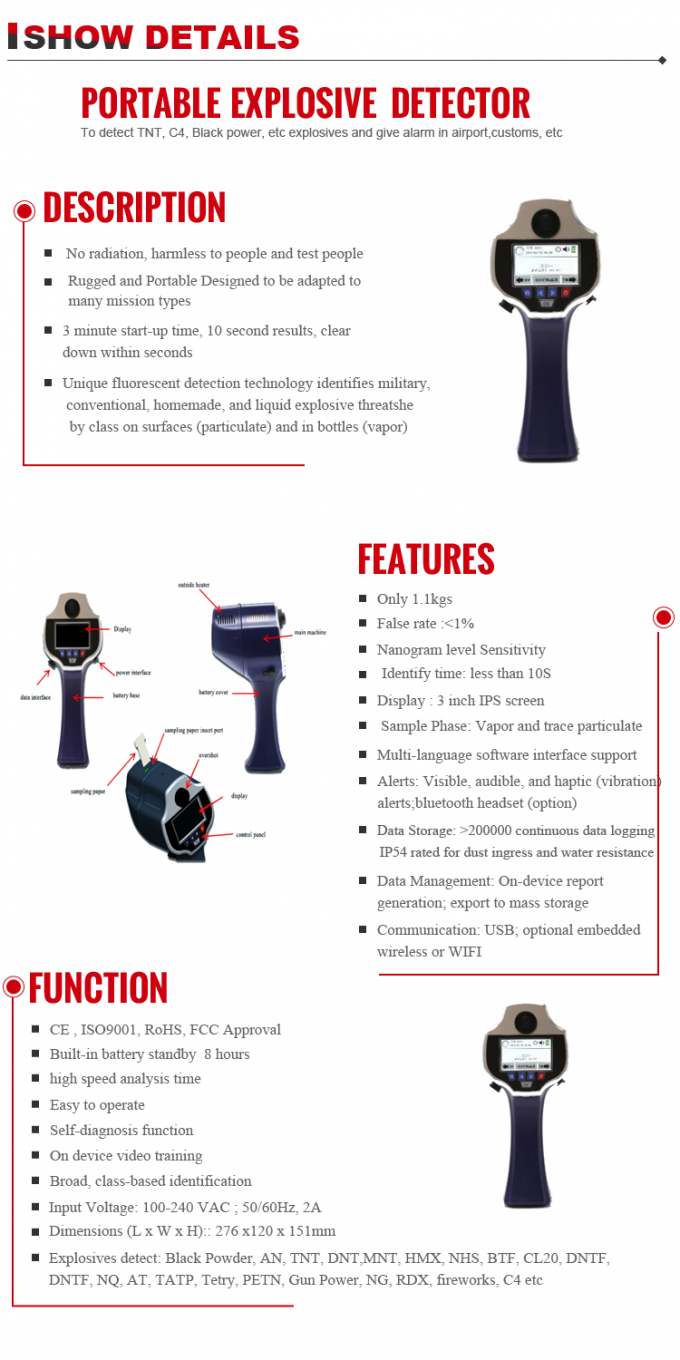 Lightweight Portable Bomb Detector 3 Inch IPS Screen For Police / Army